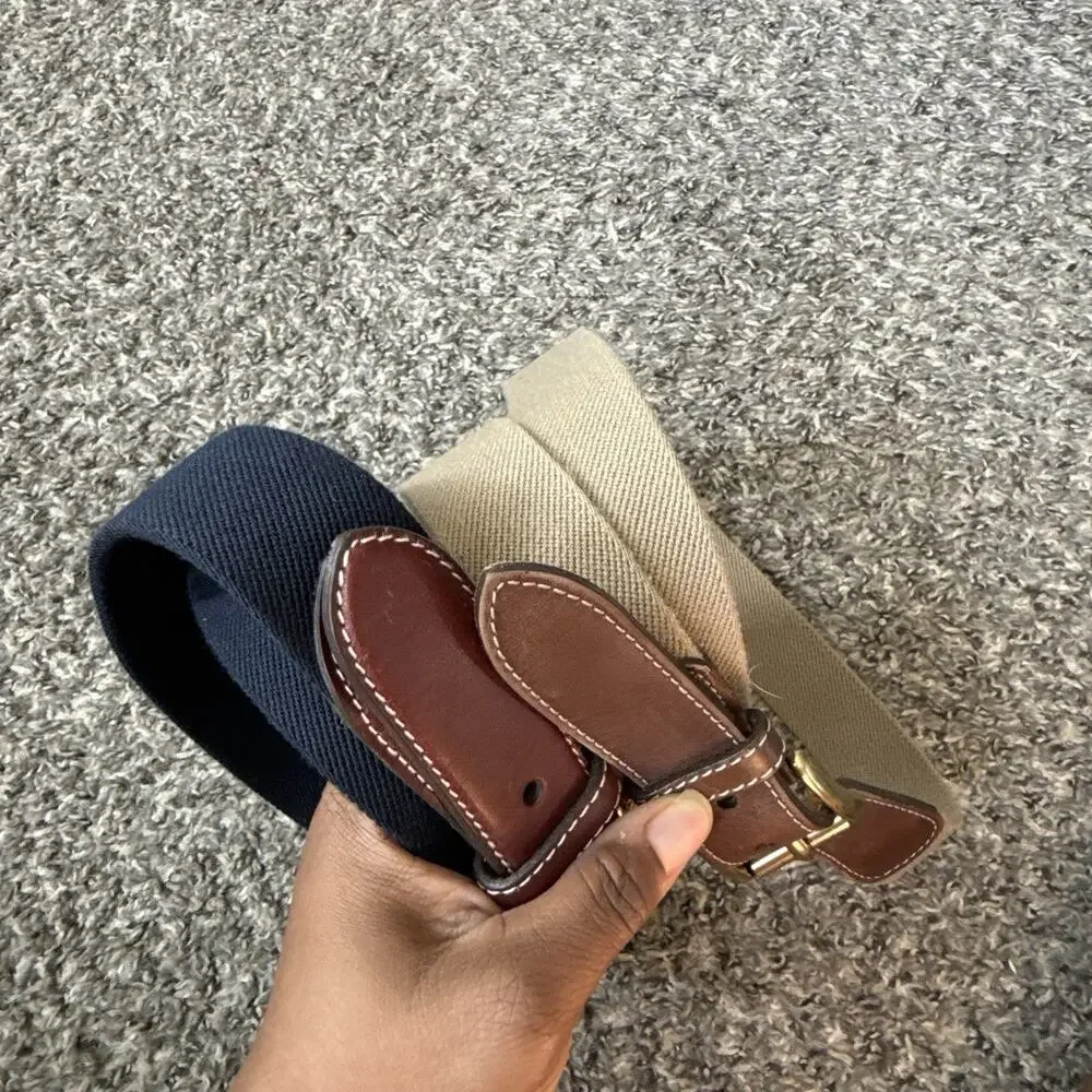 L.L. Bean Belt Men 42 Canvas Web Leather Trim Belt Brass Buckle 2 Lots Navy Tan